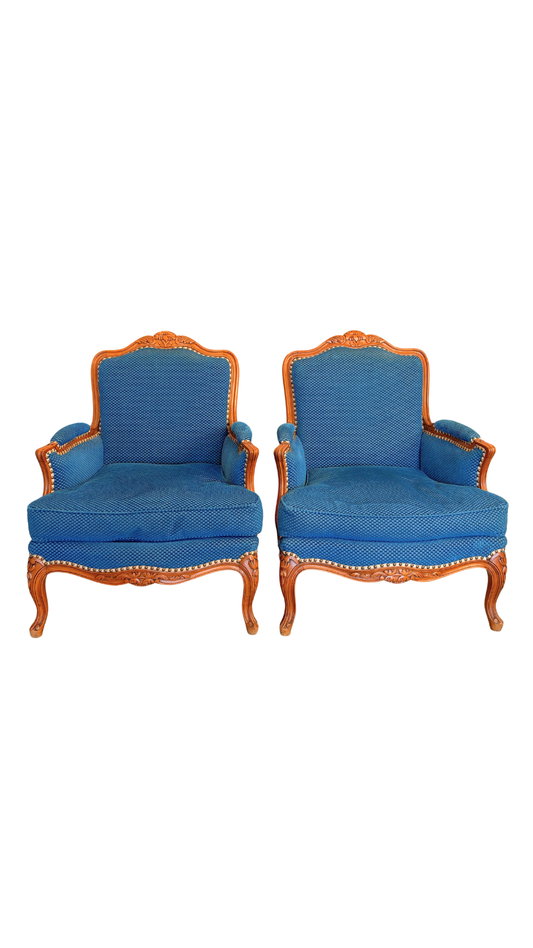 Pair of French Louis XV Style Upholstered Armchairs