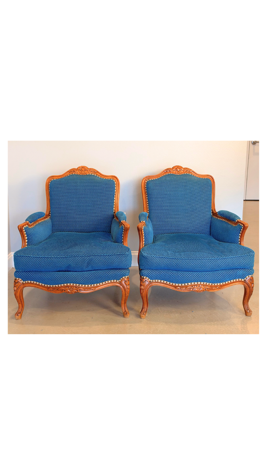 Pair of French Louis XV Style Upholstered Armchairs