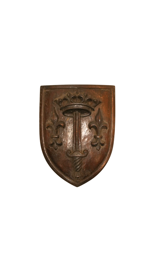 Antique French Carved Wood Jeanne d’Arc Heraldic Plaque