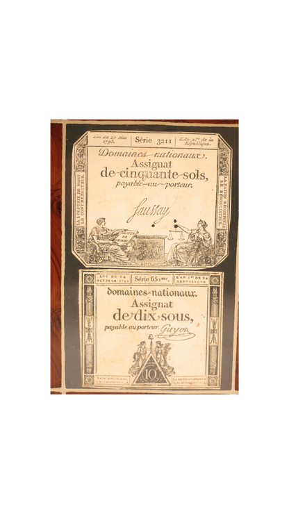 Antique French Framed Assignat Currency Notes, c. 1790s