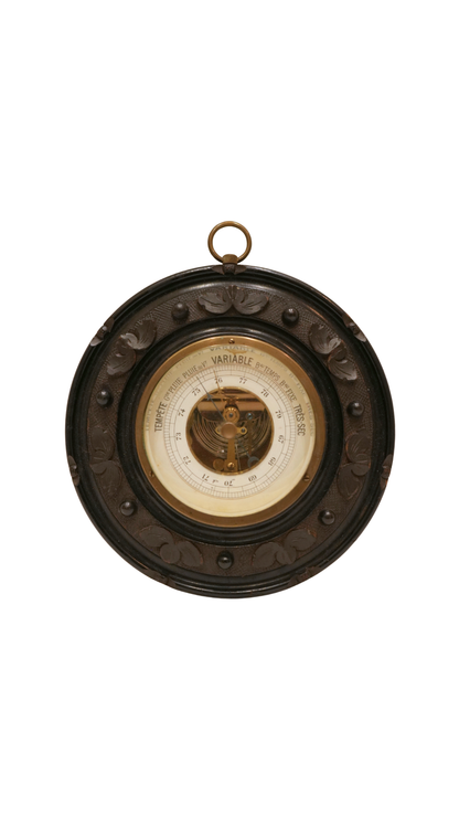 French Aneroid Barometer in Carved Ebonized Wood Frame