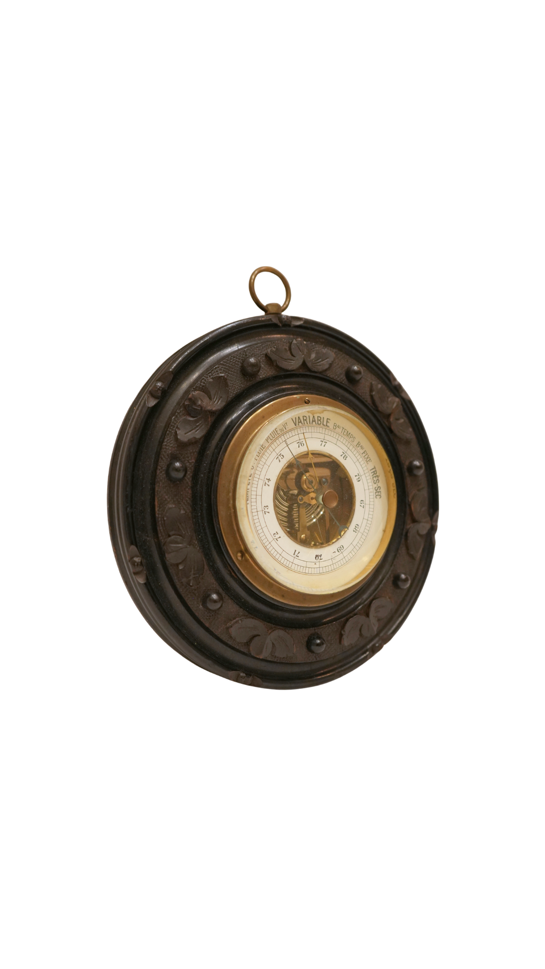 French Aneroid Barometer in Carved Ebonized Wood Frame