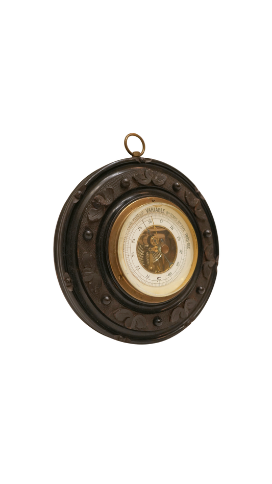 French Aneroid Barometer in Carved Ebonized Wood Frame