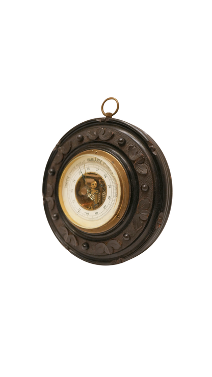 French Aneroid Barometer in Carved Ebonized Wood Frame