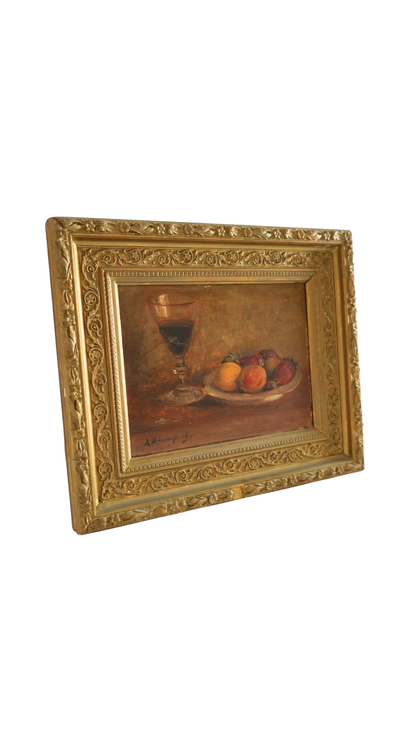 Antique French Still Life with Wine & Strawberries