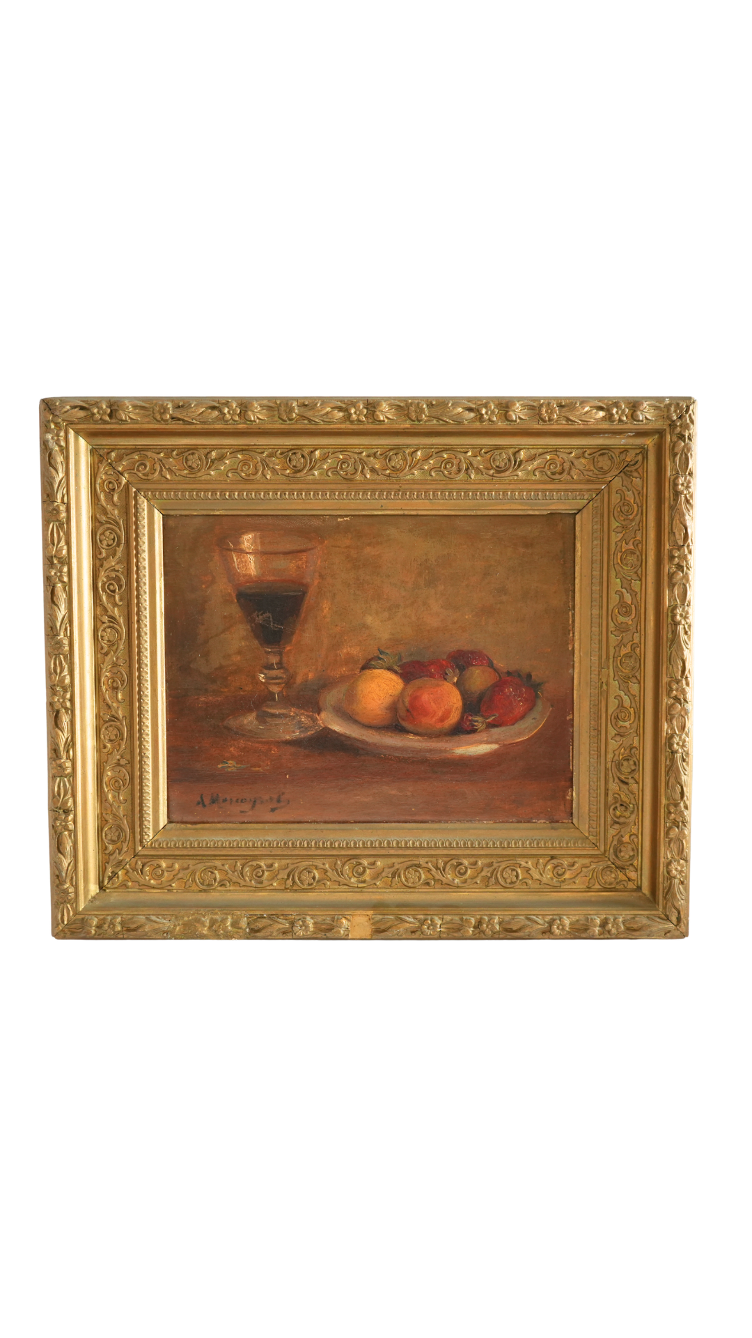 Antique French Still Life with Wine & Strawberries