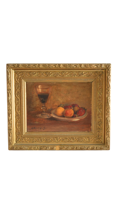 Antique French Still Life with Wine & Strawberries