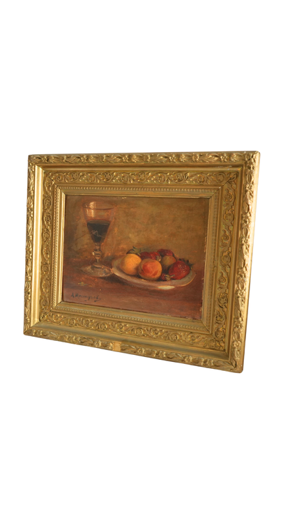 Antique French Still Life with Wine & Strawberries