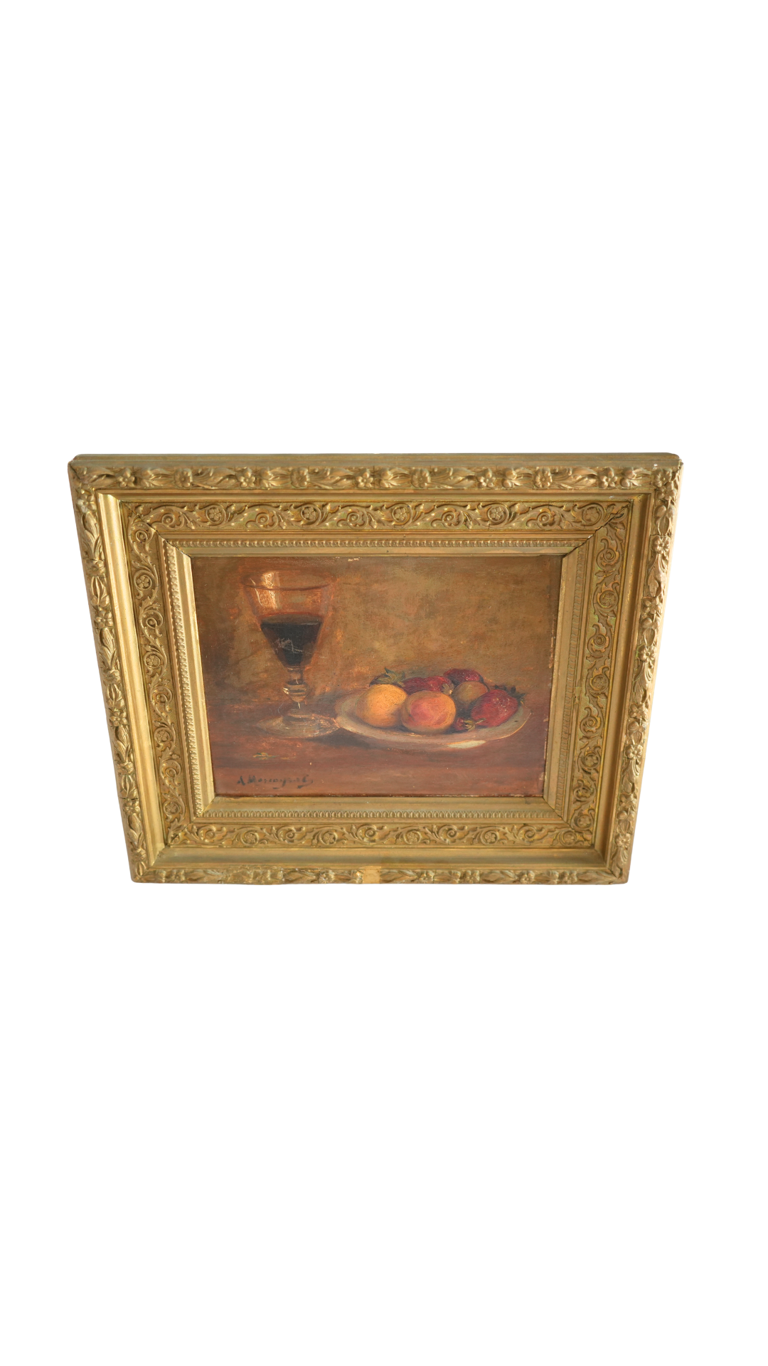 Antique French Still Life with Wine & Strawberries