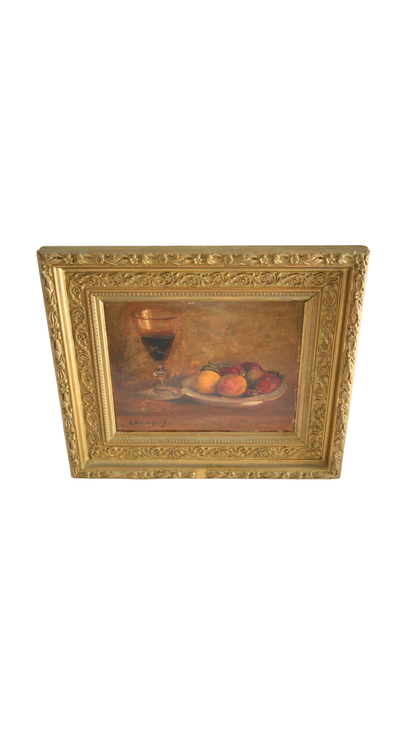Antique French Still Life with Wine & Strawberries
