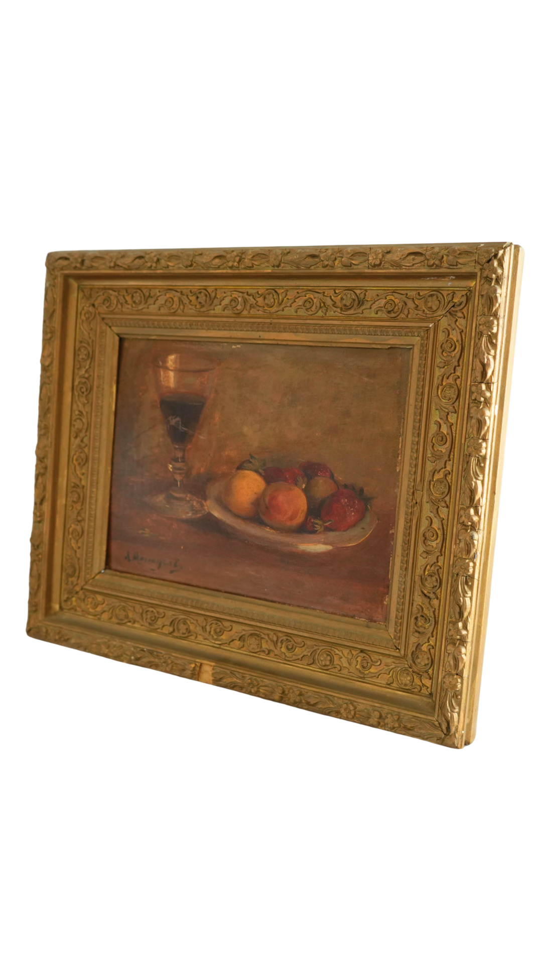 Antique French Still Life with Wine & Strawberries