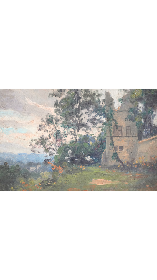 French Landscape Painting in Oak Frame