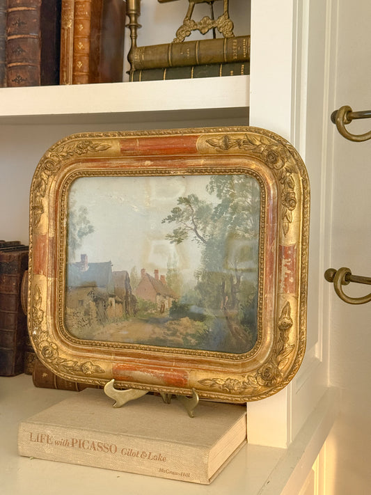 Antique French Village Landscape Oil Painting in Rounded Gilt Floral Frame