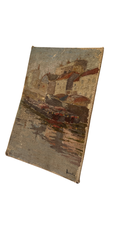 Antique French Coastal Painting on Canvas Board