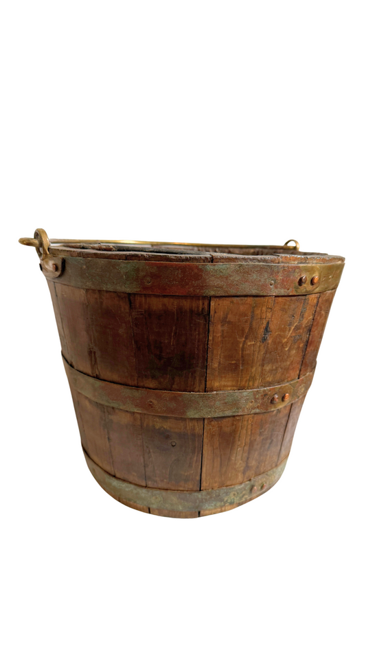 Antique English Wooden Brass Bound Barrel Bucket