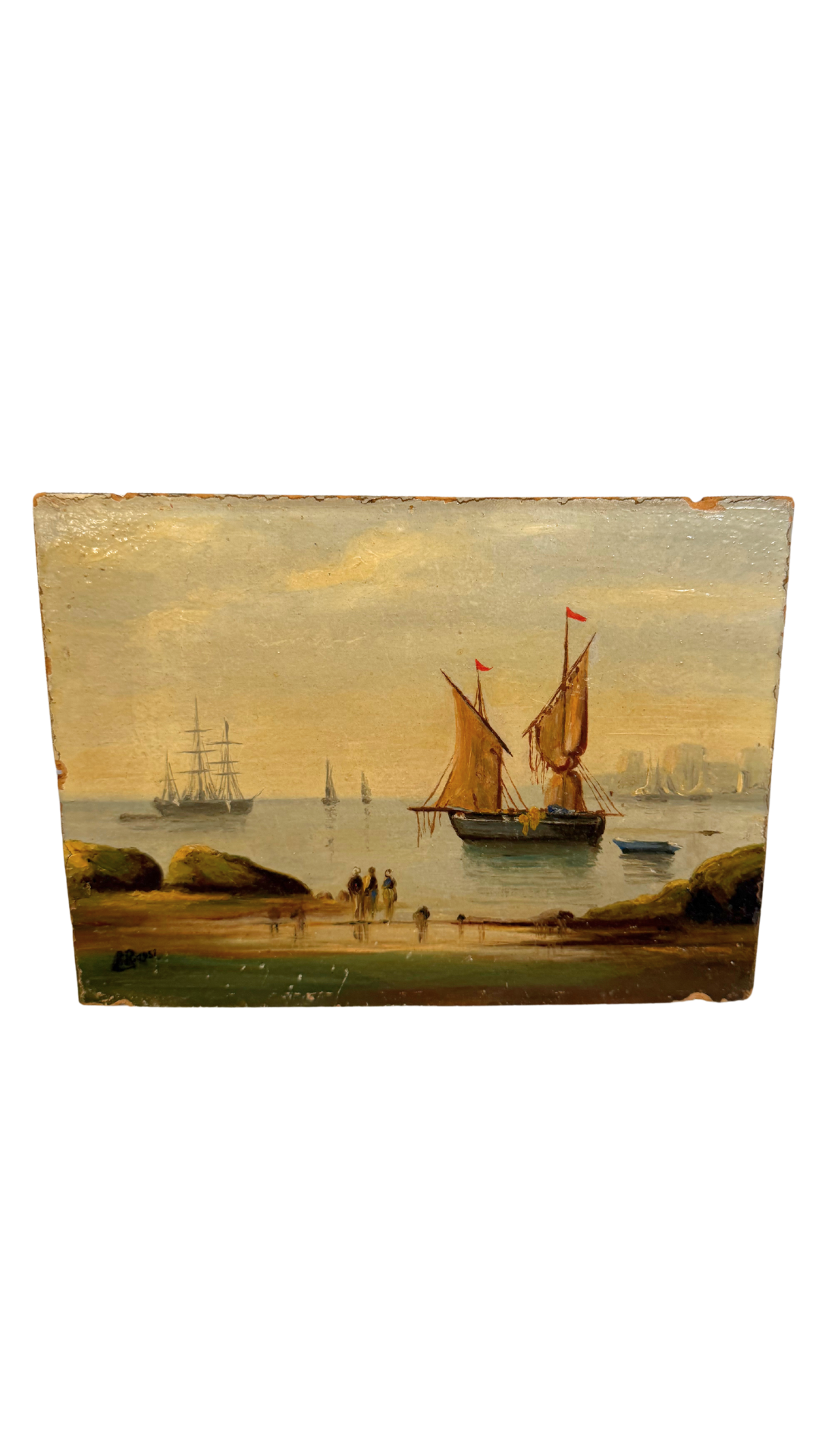 Antique French Sailboat Painting on Board