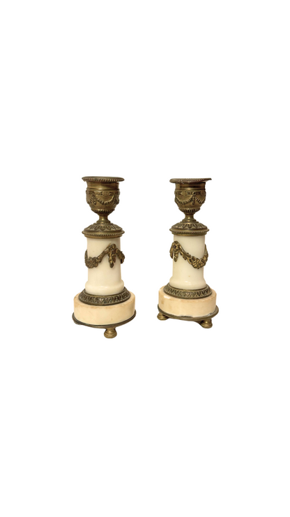 Antique French Alabaster and Bronze Candlesticks
