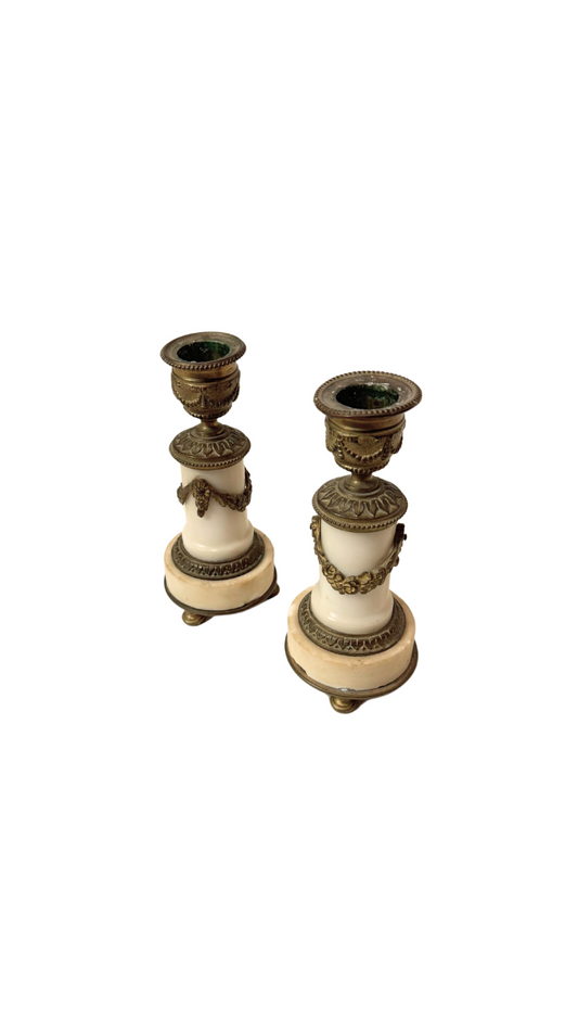 Antique French Alabaster and Bronze Candlesticks