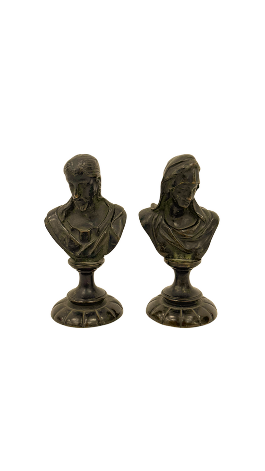 Pair of Antique Petite Bronze Jesus and Mary Bust