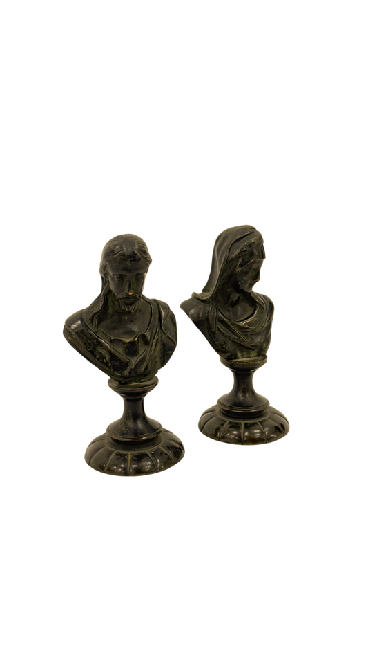 Pair of Antique Petite Bronze Jesus and Mary Bust