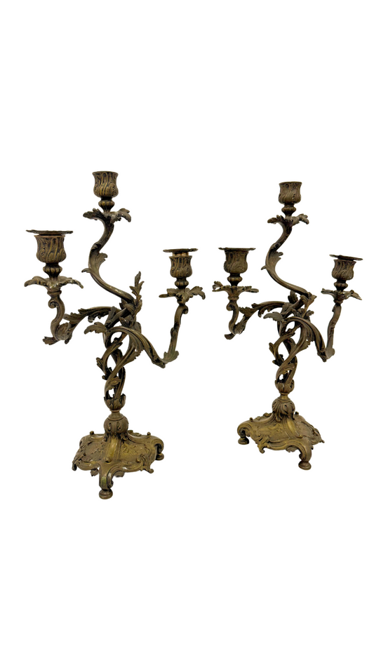 Pair of Rococo-Style Gilt Brass Candelabras