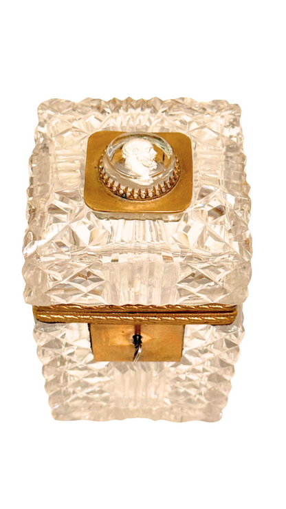 Antique French Diamond-Cut Crystal Casket with Medallion