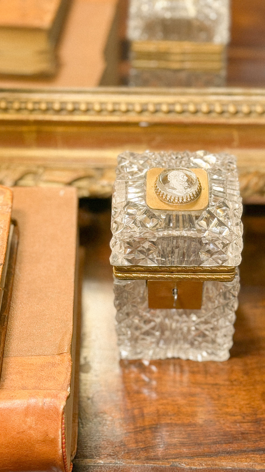 Antique French Diamond-Cut Crystal Casket with Medallion