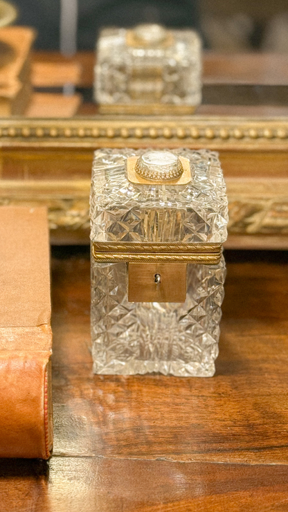Antique French Diamond-Cut Crystal Casket with Medallion