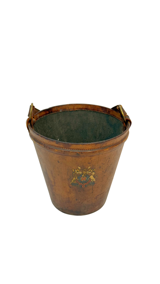19th-Century English Leather Fire Bucket with Armorial Crest