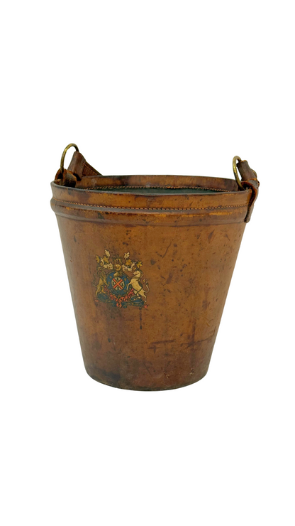 19th-Century English Leather Fire Bucket with Armorial Crest