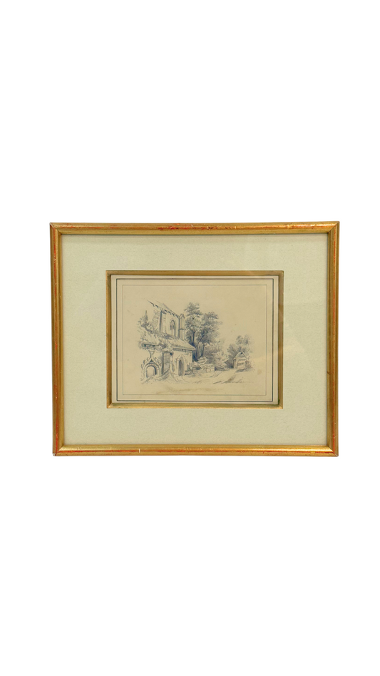19th-Century French Pencil Sketch of a Ruin