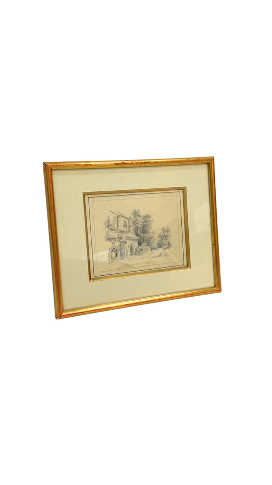 19th-Century French Pencil Sketch of a Ruin
