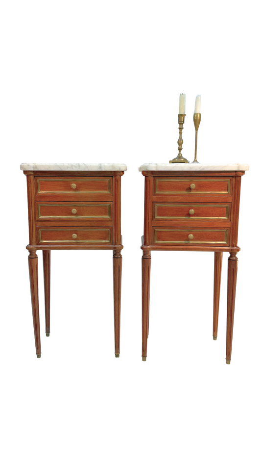 Pair of French Louis XVI Style Mahogany & Marble Nightstands