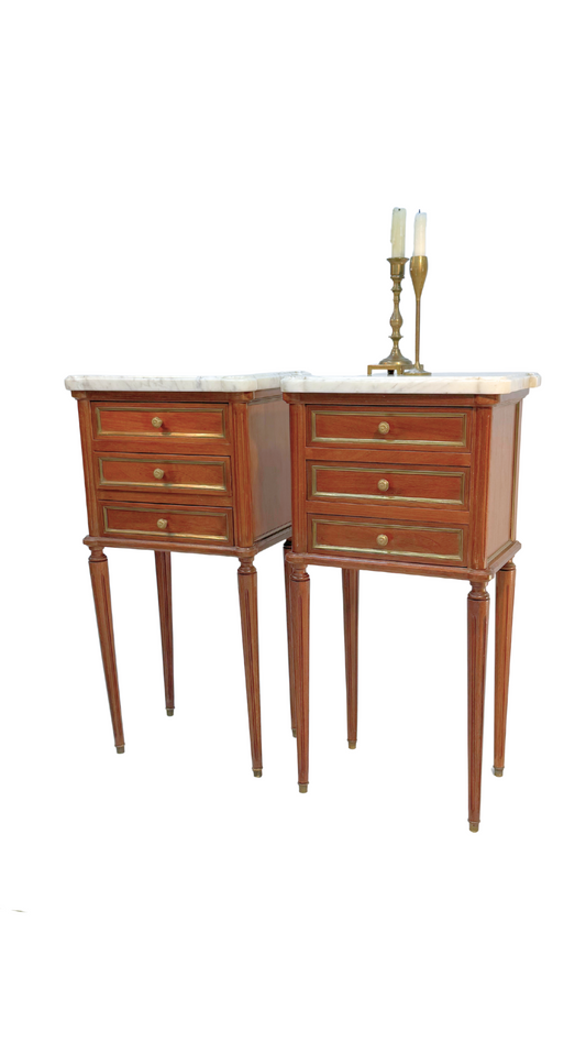 Pair of French Louis XVI Style Mahogany & Marble Nightstands