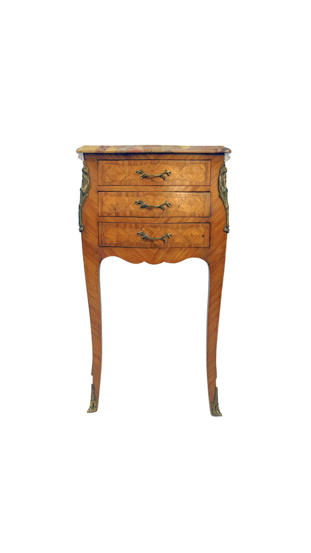 French Louis XV Style Parquetry Side Table with Breccia Marble Top