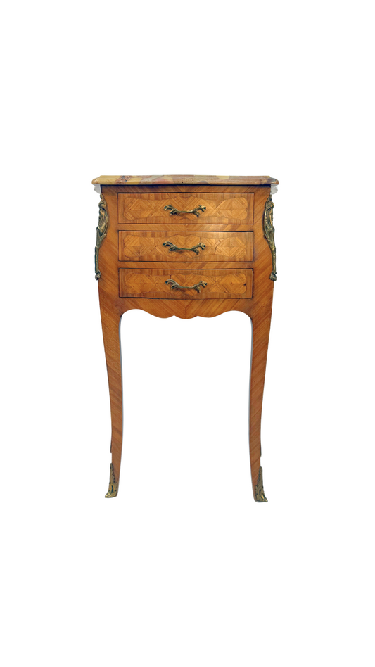 French Louis XV Style Parquetry Side Table with Breccia Marble Top