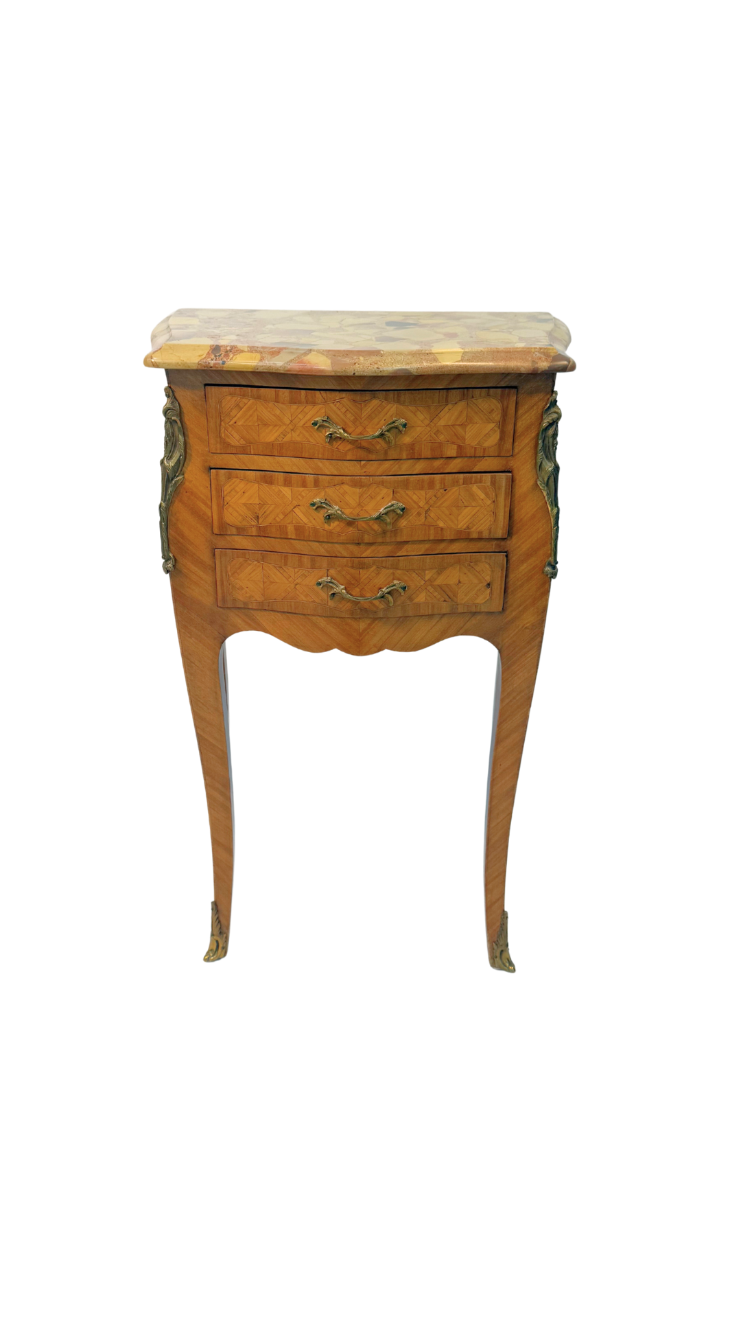French Louis XV Style Parquetry Side Table with Breccia Marble Top