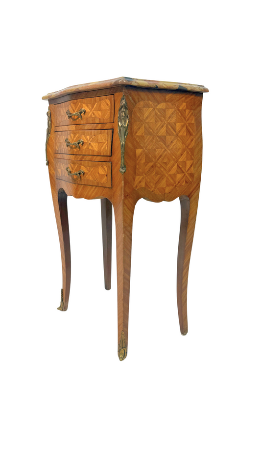 French Louis XV Style Parquetry Side Table with Breccia Marble Top