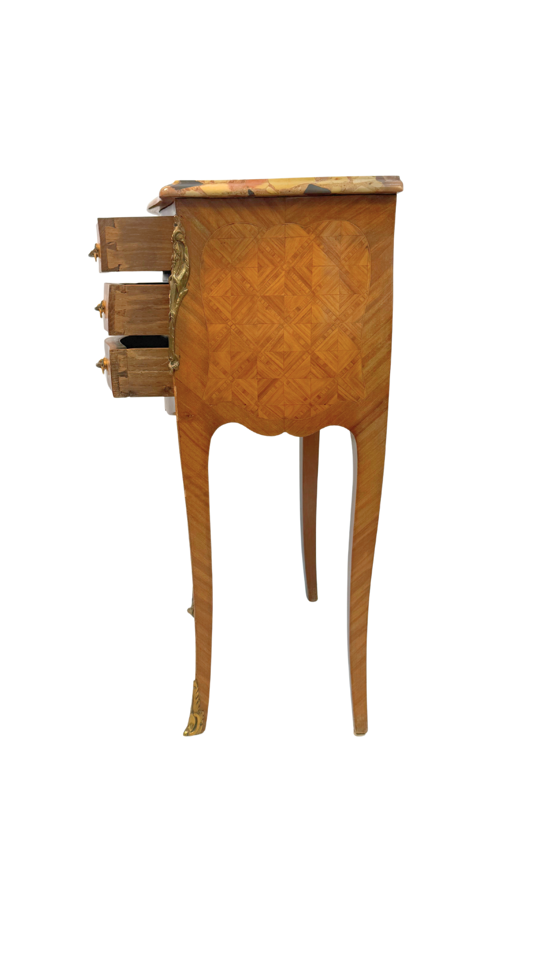 French Louis XV Style Parquetry Side Table with Breccia Marble Top