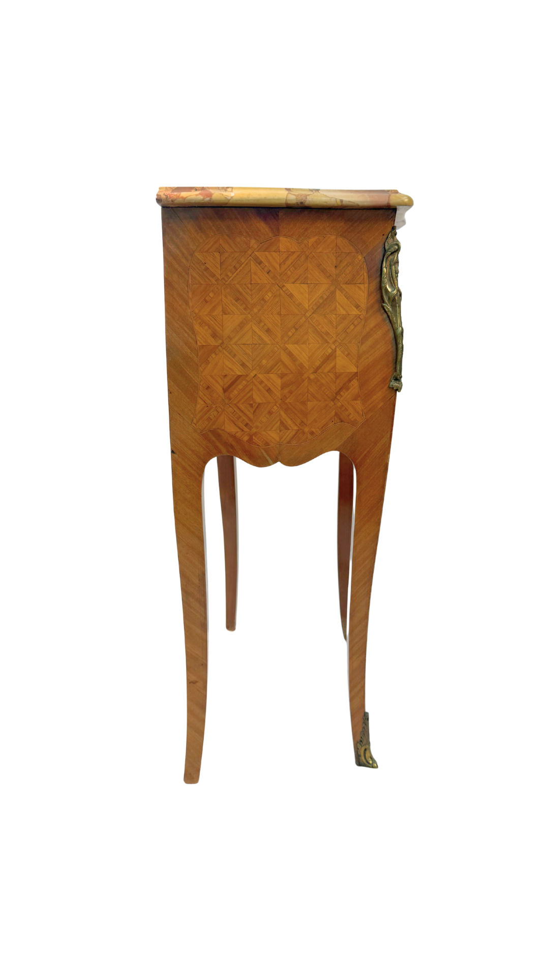 French Louis XV Style Parquetry Side Table with Breccia Marble Top
