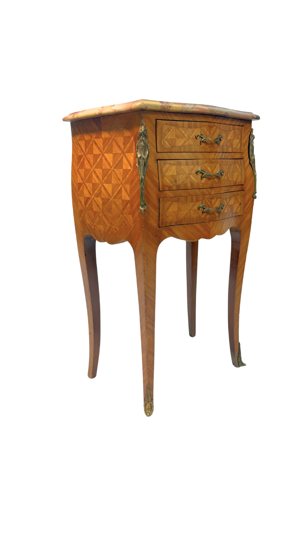 French Louis XV Style Parquetry Side Table with Breccia Marble Top