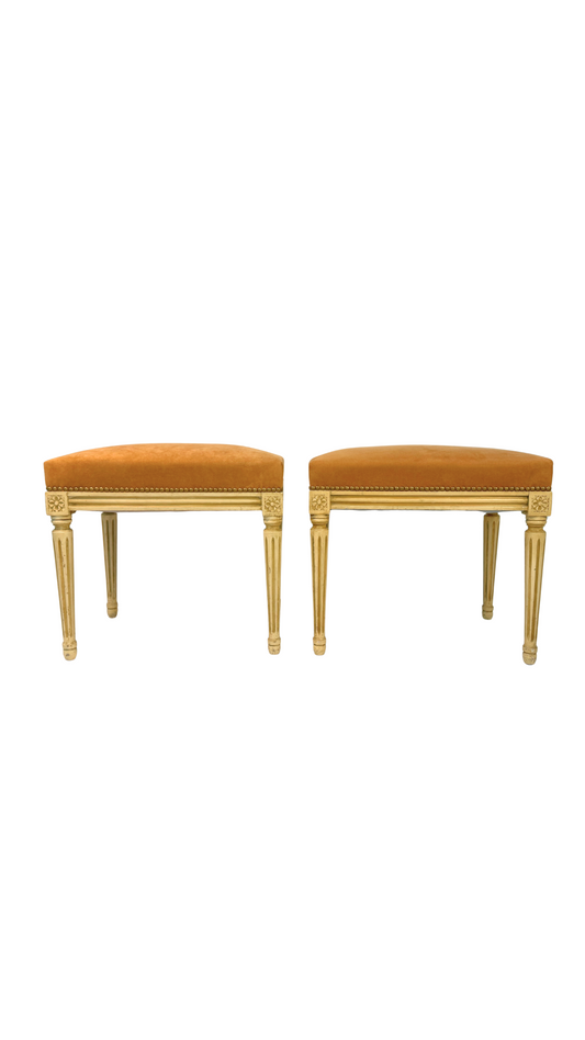 Pair of French Louis XVI Style Painted Benches with Peachy Suede Upholstery