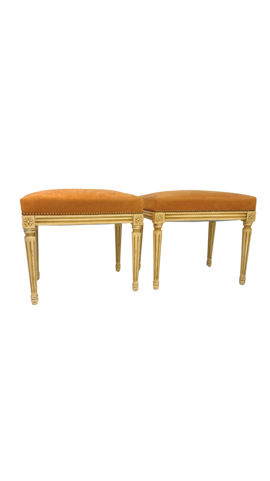 Pair of French Louis XVI Style Painted Benches with Peachy Suede Upholstery
