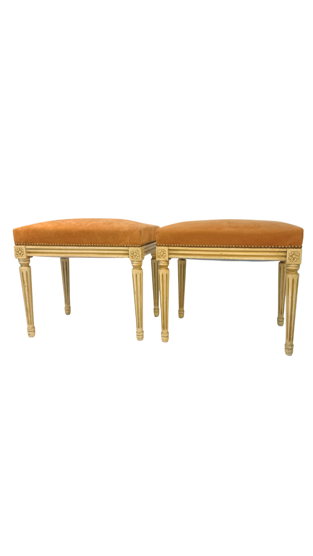 Pair of French Louis XVI Style Painted Benches with Peachy Suede Upholstery
