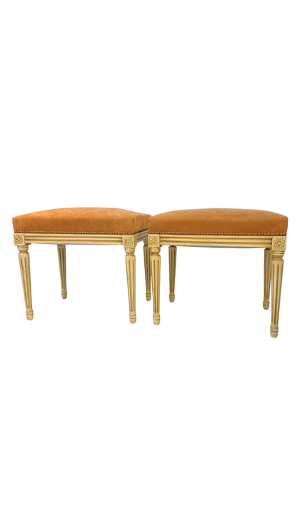 Pair of French Louis XVI Style Painted Benches with Peachy Suede Upholstery