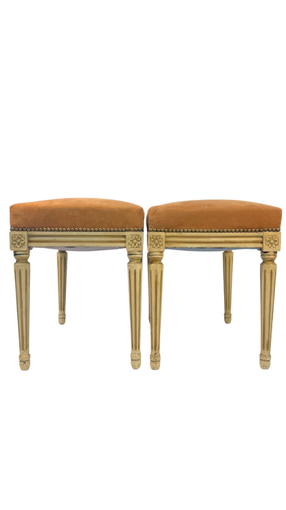 Pair of French Louis XVI Style Painted Benches with Peachy Suede Upholstery