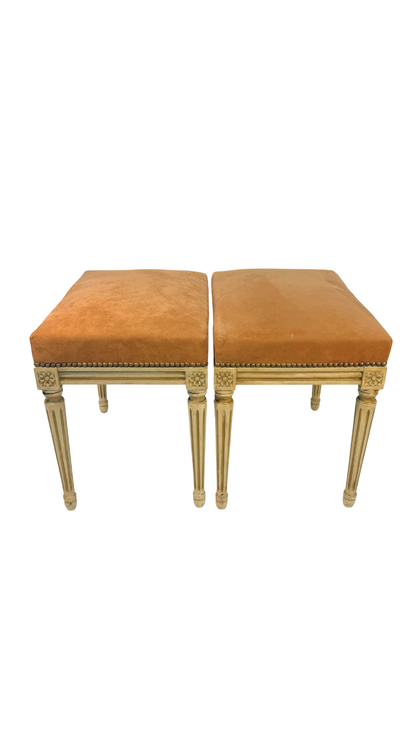 Pair of French Louis XVI Style Painted Benches with Peachy Suede Upholstery