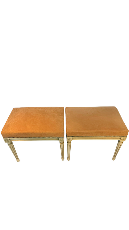 Pair of French Louis XVI Style Painted Benches with Peachy Suede Upholstery