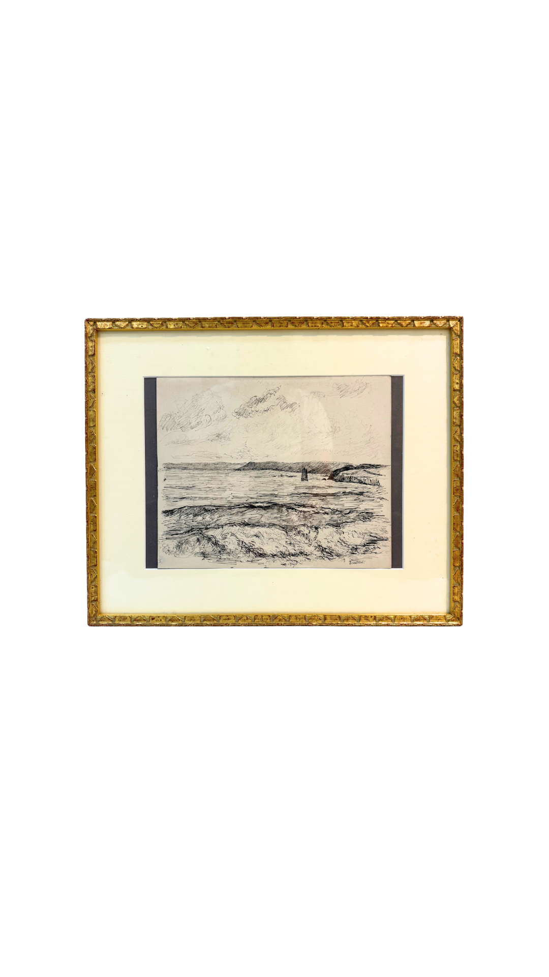 Marine View with Lighthouse — Ink by Gustave François Beaudelet (1893–1968)