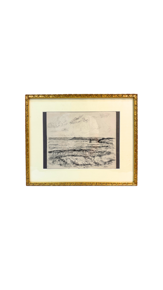 Marine View with Lighthouse — Ink by Gustave François Beaudelet (1893–1968)